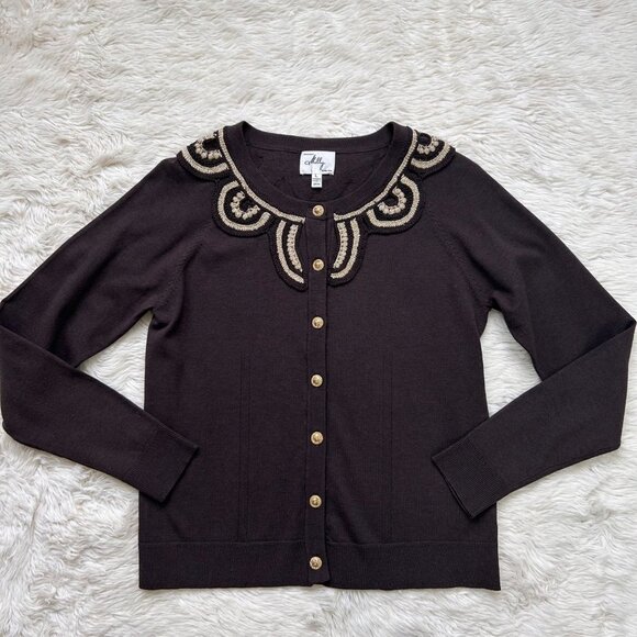 Milly of New York Cardigan Sweater Large Brown Silk Gold Crochet Embroidery Chic - Picture 9 of 15